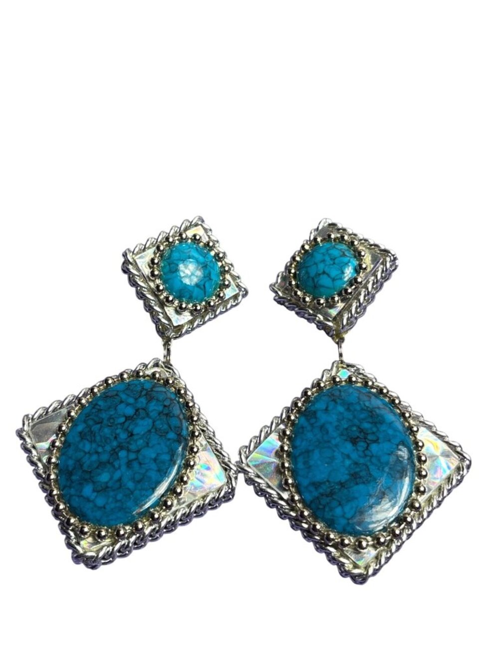 Artisan Chunky Plastic Statement Dangle Clip On Earrings Faux Turquoise Cabochon